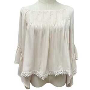 ANTHROPOLOGIE RAGA XS Bell Sleeve Off Shoulder Boho Flowy Lace Trim Anne Blouse